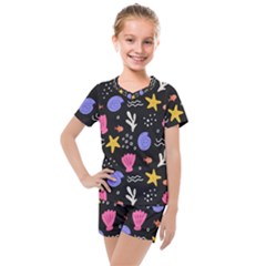 Sea Shells Pattern Wallpaper Fish Kids  Mesh T-shirt And Shorts Set