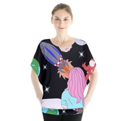 Girl Bed Space Planets Spaceship Rocket Astronaut Galaxy Universe Cosmos Woman Dream Imagination Bed Batwing Chiffon Blouse