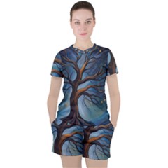 Tree Branches Mystical Moon Expressionist Oil Painting Acrylic Painting Abstract Nature Moonlight Ni Women s T-shirt And Shorts Set