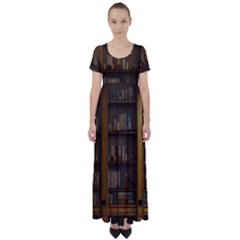 Books Book Shelf Shelves Knowledge Book Cover Gothic Old Ornate Library High Waist Short Sleeve Maxi Dress by Maspions