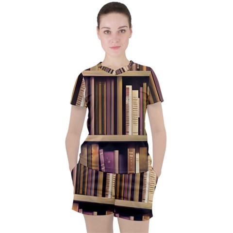 Books Bookshelves Office Fantasy Background Artwork Book Cover Apothecary Book Nook Literature Libra Women s T-shirt And Shorts Set by Grandong