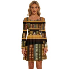 Room Interior Library Books Bookshelves Reading Literature Study Fiction Old Manor Book Nook Reading Long Sleeve Wide Neck Velvet Dress by Grandong
