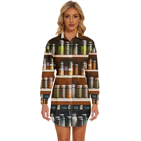 Alcohol Apothecary Book Cover Booze Bottles Gothic Magic Medicine Oils Ornate Pharmacy Womens Long Sleeve Shirt Dress by Grandong