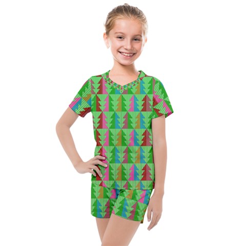 Trees Pattern Retro Pink Red Yellow Holidays Advent Christmas Kids  Mesh T-shirt And Shorts Set by Maspions