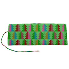 Trees Pattern Retro Pink Red Yellow Holidays Advent Christmas Roll Up Canvas Pencil Holder (s)