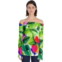 Watercolor Flowers Leaves Foliage Nature Floral Spring Off Shoulder Long Sleeve Top