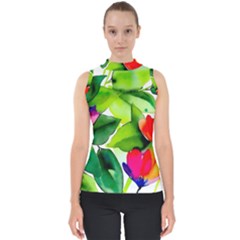 Watercolor Flowers Leaves Foliage Nature Floral Spring Mock Neck Shell Top