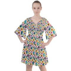 Floral Flowers Leaves Tropical Pattern Boho Button Up Dress