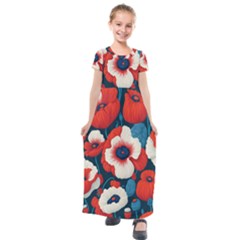 Red Poppies Flowers Art Nature Pattern Kids  Short Sleeve Maxi Dress
