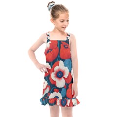 Red Poppies Flowers Art Nature Pattern Kids  Overall Dress