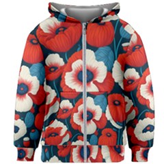 Red Poppies Flowers Art Nature Pattern Kids  Zipper Hoodie Without Drawstring