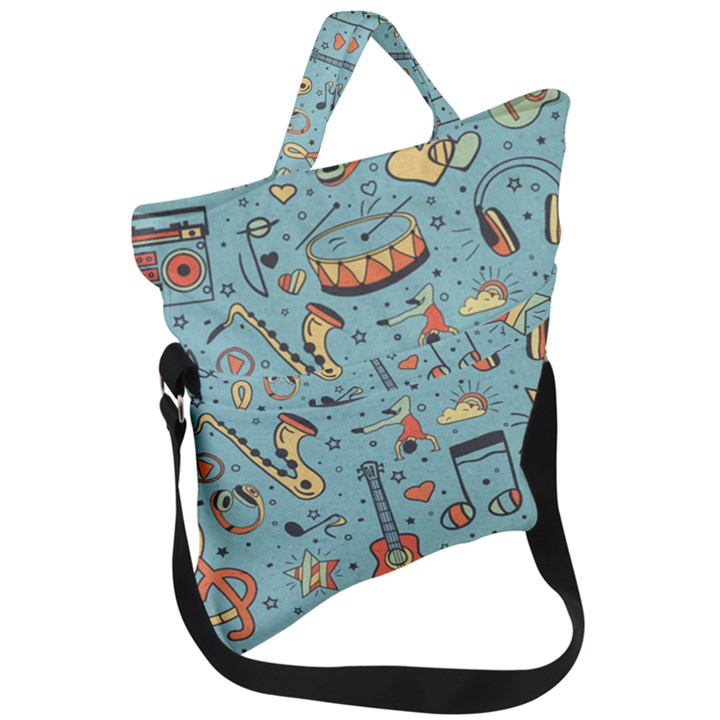 Seamless Pattern Musical Instruments Notes Headphones Player Fold Over Handle Tote Bag