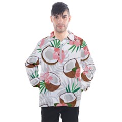Seamless Pattern Coconut Piece Palm Leaves With Pink Hibiscus Men s Half Zip Pullover by Apen