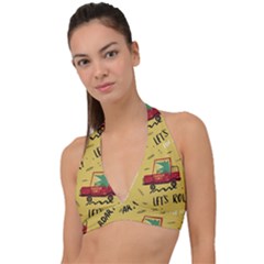 Childish Seamless Pattern With Dino Driver Halter Plunge Bikini Top by Apen