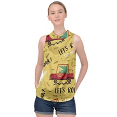 Childish Seamless Pattern With Dino Driver High Neck Satin Top by Apen