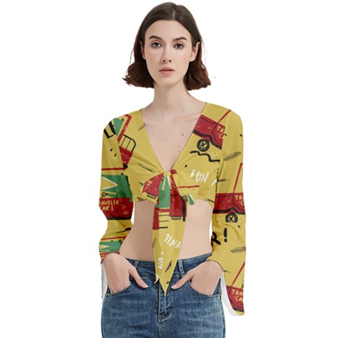 Childish Seamless Pattern With Dino Driver Trumpet Sleeve Cropped Top by Apen