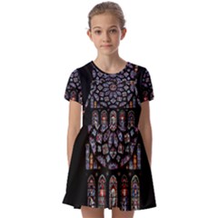 Chartres Cathedral Notre Dame De Paris Stained Glass Kids  Short Sleeve Pinafore Style Dress by Maspions