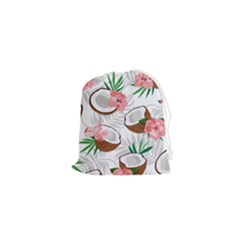 Seamless Pattern Coconut Piece Palm Leaves With Pink Hibiscus Drawstring Pouch (xs) by Apen