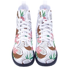 Seamless Pattern Coconut Piece Palm Leaves With Pink Hibiscus Kid s High-top Canvas Sneakers by Apen