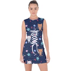 Cute Astronaut Cat With Star Galaxy Elements Seamless Pattern Lace Up Front Bodycon Dress by Apen