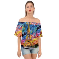 Eiffel Tower Starry Night Print Van Gogh Off Shoulder Short Sleeve Top by Maspions