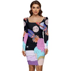 Girl Bed Space Planets Spaceship Rocket Astronaut Galaxy Universe Cosmos Woman Dream Imagination Bed Women Long Sleeve Ruched Stretch Jersey Dress by Maspions