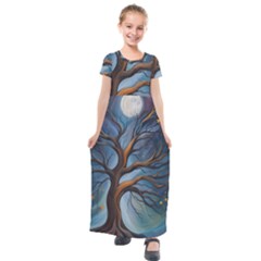 Tree Branches Mystical Moon Expressionist Oil Painting Acrylic Painting Abstract Nature Moonlight Ni Kids  Short Sleeve Maxi Dress by Maspions