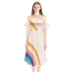 Abstract Geometric Bauhaus Polka Dots Retro Memphis Rainbow Shoulder Tie Bardot Midi Dress by Maspions