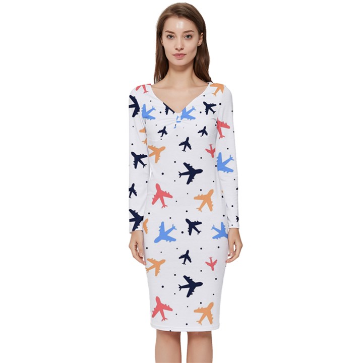 Airplane Pattern Plane Aircraft Fabric Style Simple Seamless Long Sleeve V-Neck Bodycon Dress 