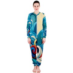 Waves Ocean Sea Abstract Whimsical Abstract Art Pattern Abstract Pattern Water Nature Moon Full Moon Onepiece Jumpsuit (ladies) by Bedest