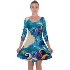 Waves Ocean Sea Abstract Whimsical Abstract Art Pattern Abstract Pattern Water Nature Moon Full Moon Quarter Sleeve Skater Dress by Bedest