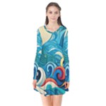 Waves Ocean Sea Abstract Whimsical Abstract Art Pattern Abstract Pattern Water Nature Moon Full Moon Long Sleeve V-neck Flare Dress