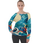 Waves Ocean Sea Abstract Whimsical Abstract Art Pattern Abstract Pattern Water Nature Moon Full Moon Off Shoulder Long Sleeve Velour Top