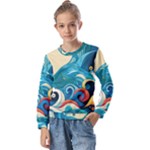 Waves Ocean Sea Abstract Whimsical Abstract Art Pattern Abstract Pattern Water Nature Moon Full Moon Kids  Long Sleeve T-Shirt with Frill 