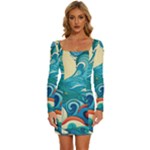 Waves Ocean Sea Abstract Whimsical Abstract Art Pattern Abstract Pattern Water Nature Moon Full Moon Long Sleeve Square Neck Bodycon Velvet Dress
