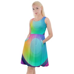 Circle Colorful Rainbow Spectrum Button Gradient Psychedelic Art Knee Length Skater Dress With Pockets