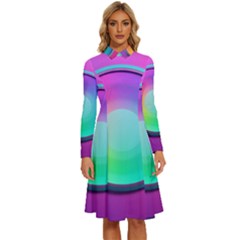 Circle Colorful Rainbow Spectrum Button Gradient Psychedelic Art Long Sleeve Shirt Collar A-line Dress