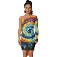 Cosmic Rainbow Quilt Artistic Swirl Spiral Forest Silhouette Fantasy Long Sleeve One Shoulder Mini Dress by Maspions