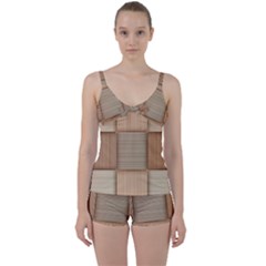 Wooden Wickerwork Texture Square Pattern Tie Front Two Piece Tankini