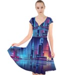 Digital Art Artwork Illustration Vector Buiding City Cap Sleeve Front Wrap Midi Dress