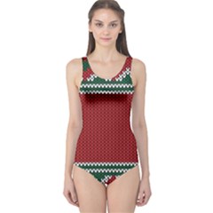 Christmas Pattern, Fabric Texture, Knitted Red Background One Piece Swimsuit by nateshop
