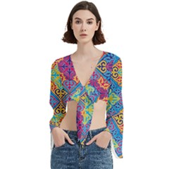 Colorful Floral Ornament, Floral Patterns Trumpet Sleeve Cropped Top