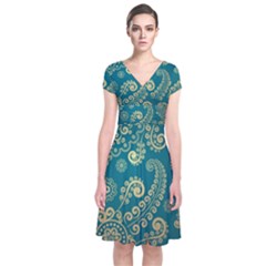 European Pattern, Blue, Desenho, Retro, Style Short Sleeve Front Wrap Dress by nateshop
