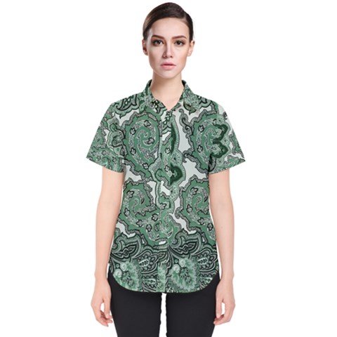 Green Ornament Texture, Green Flowers Retro Background Women s Short Sleeve Shirt by nateshop
