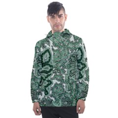 Green Ornament Texture, Green Flowers Retro Background Men s Front Pocket Pullover Windbreaker by nateshop