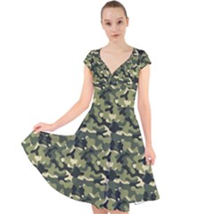 Camouflage Pattern Cap Sleeve Front Wrap Midi Dress