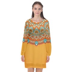 Mandala Orange Long Sleeve Chiffon Shift Dress 
