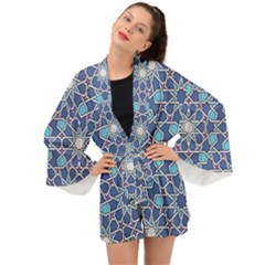 Islamic Ornament Texture, Texture With Stars, Blue Ornament Texture Long Sleeve Kimono