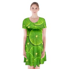 Lime Textures Macro, Tropical Fruits, Citrus Fruits, Green Lemon Texture Short Sleeve V-neck Flare Dress by nateshop