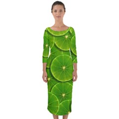 Lime Textures Macro, Tropical Fruits, Citrus Fruits, Green Lemon Texture Quarter Sleeve Midi Bodycon Dress by nateshop